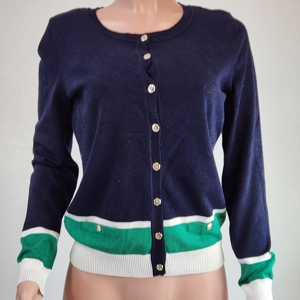 Debbie Morgan Button Front  Navy/Green/Cream Cardigan Sweater Sz M